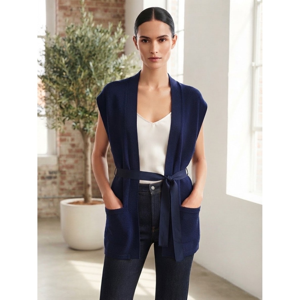 Carolina Herrera Navy Blue Cotton Knit Sleeveless Cardigan Vest Belted XS Chic